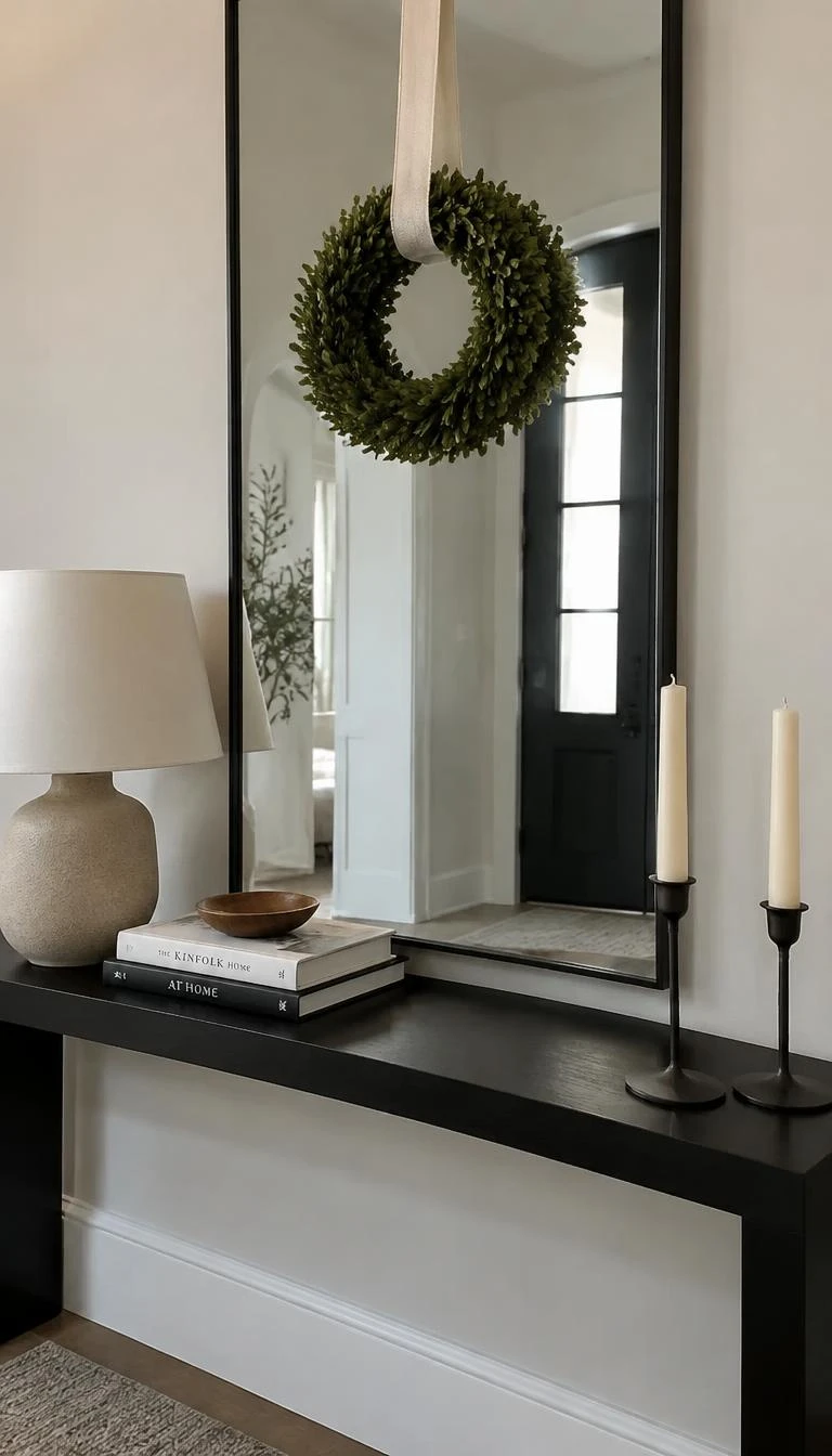 Hang A Boxwood Wreath From A Broad Paper Ribbon A candid, realistic iPhone photograph of an entryway table, showing a small vibrant boxwood wreath suspended from an off-white cotton paper ribbon in front of a tall mirror, resting above a minimalist black console.