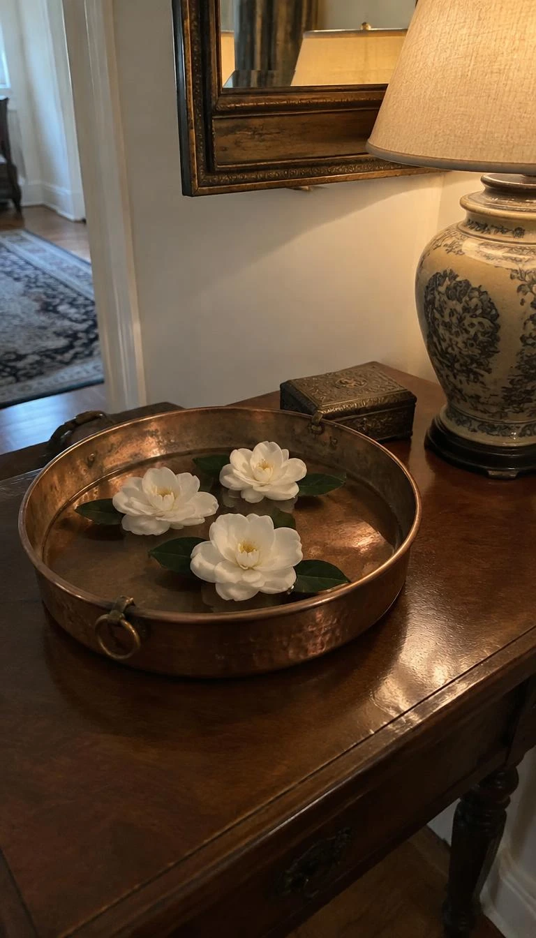 Float White Camellias In A Shallow Copper Tray A candid, realistic iPhone photograph of an entryway table, displaying a vintage beaten copper round tray holding water and three floating fresh white camellia flowers, reflecting soft lamp light on an antique walnut table.