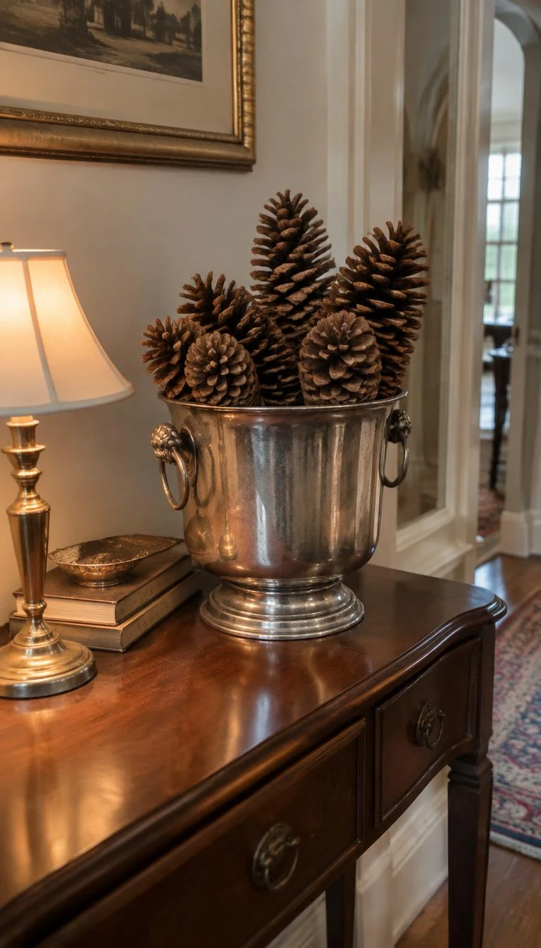 Fill An Antiqued Champagne Bucket With Pine Cones A candid, realistic iPhone photograph of an entryway table, featuring a vintage tarnished silver champagne bucket filled to the brim with large sugar pine cones, set on an antique mahogany table next to a small brass lamp.