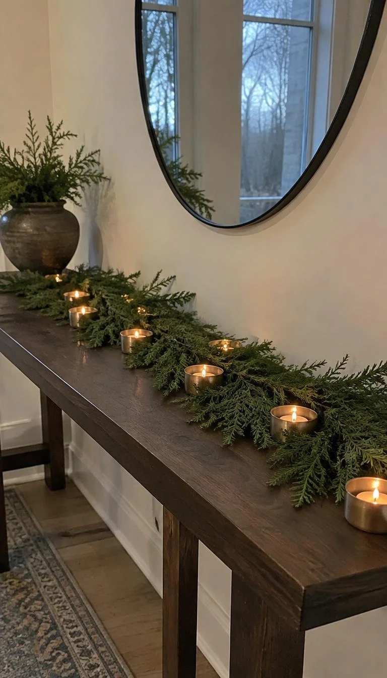 Lay A Flat Cypress Runner Down The Table Center A candid, realistic iPhone photograph of an entryway table, showing a long low trail of fresh flat-leaf cypress branches extending across a dark oak console table, interspersed with five small raw brass tea light cups.