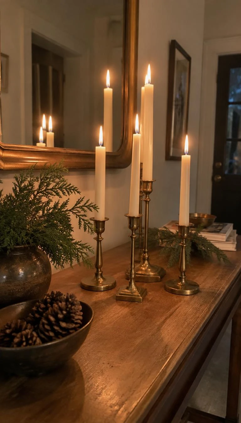 Cluster Mismatched Antique Brass Candlesticks A candid, realistic iPhone photograph of an entryway table, displaying five vintage unlacquered brass taper holders of varied heights with off-white beeswax candles, warm ambient evening light, a wooden tabletop, and subtle holiday cedar clippings tucked nearby.
