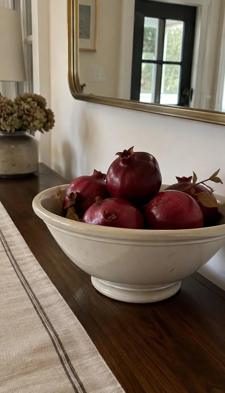 Fill An Ironstone Bowl With Whole Pomegranates A candid, realistic iPhone photograph of an entryway table, showing a large antique white ironstone bowl filled with ripe whole dark red pomegranates, dry russet stems, resting on a dark walnut table beside a linen runner.