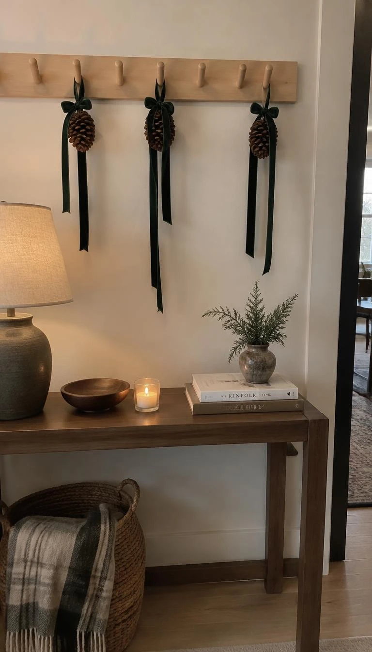 Drape Fine Velvet Ribbon Across A Shaker Peg Rail A candid, realistic iPhone photograph of an entryway table, showing a maple shaker peg rail above a console table, with trailing narrow forest green silk velvet ribbons tied in simple loops around small pine cones.