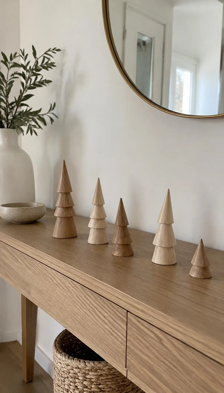 Line Up Slender Raw Wood Mini Trees A candid, realistic iPhone photograph of an entryway table, showcasing six turned raw oak and maple mini trees in varying heights standing in a scattered line, white walls, soft shadows, and a clean minimalist aesthetic.