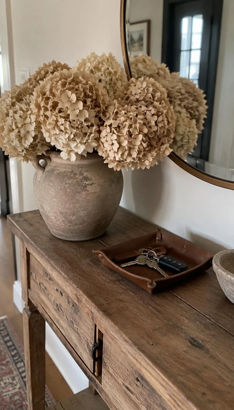 Display Dried Hydrangea Heads In Aged Terracotta A candid, realistic iPhone photograph of an entryway table, showcasing a weathered clay pot overflowing with pale parchment-colored dried hydrangea blooms, positioned beside a leather key tray on a rustic wood console.