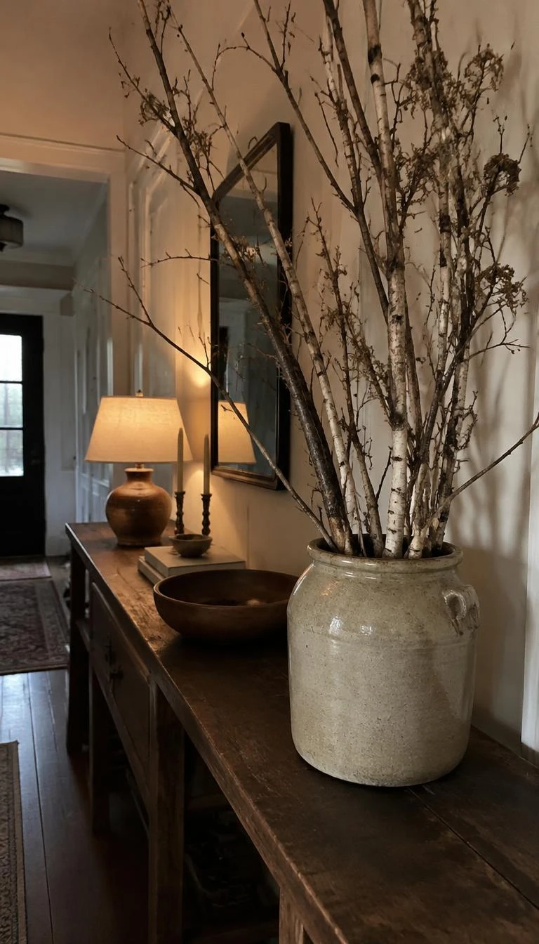 Anchor The Console With A Giant Stoneware Crock A candid, realistic iPhone photograph of an entryway table, featuring a heavy antique beige stoneware crock holding tall bare birch branches with dried lichen, positioned at the end of a long dark pine console table.