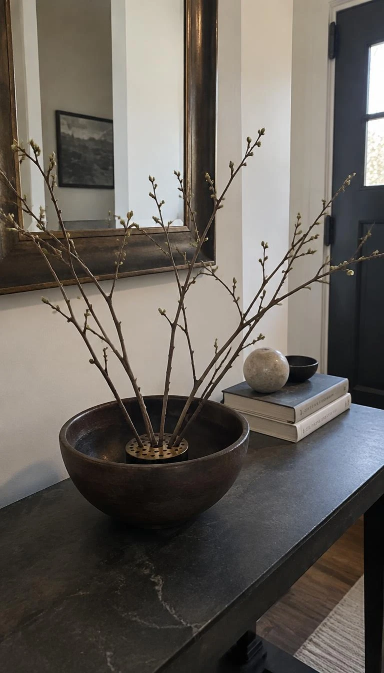 Arrange Mottled Quince Branches In A Low Dish A candid, realistic iPhone photograph of an entryway table, featuring a dark brown ceramic bowl with a heavy brass flower frog holding bare quince branches with tiny buds, set on a dark slate entryway table.
