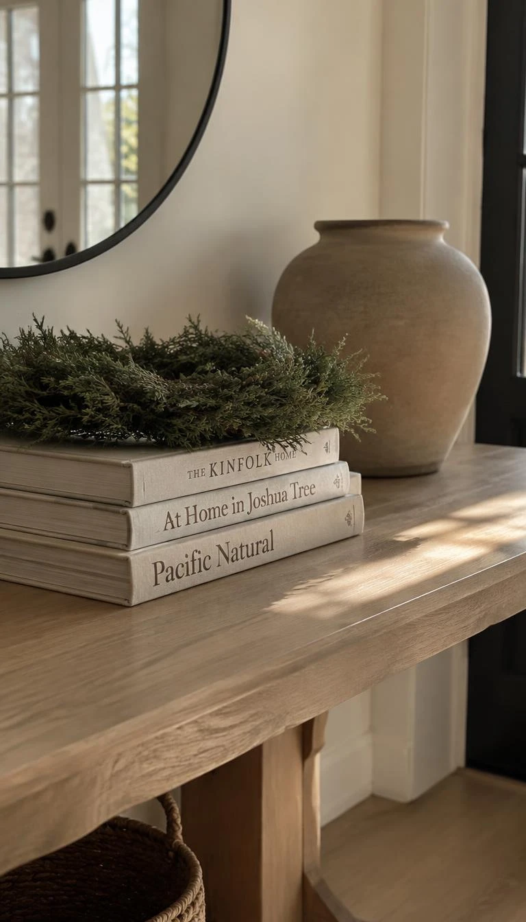 Stack Linen Bound Books Beneath A Low Juniper Wreath A candid, realistic iPhone photograph of an entryway table, featuring three thick neutral linen-covered art books supporting a flat wild juniper wreath, a matte clay jar, and soft afternoon light on a white oak console.