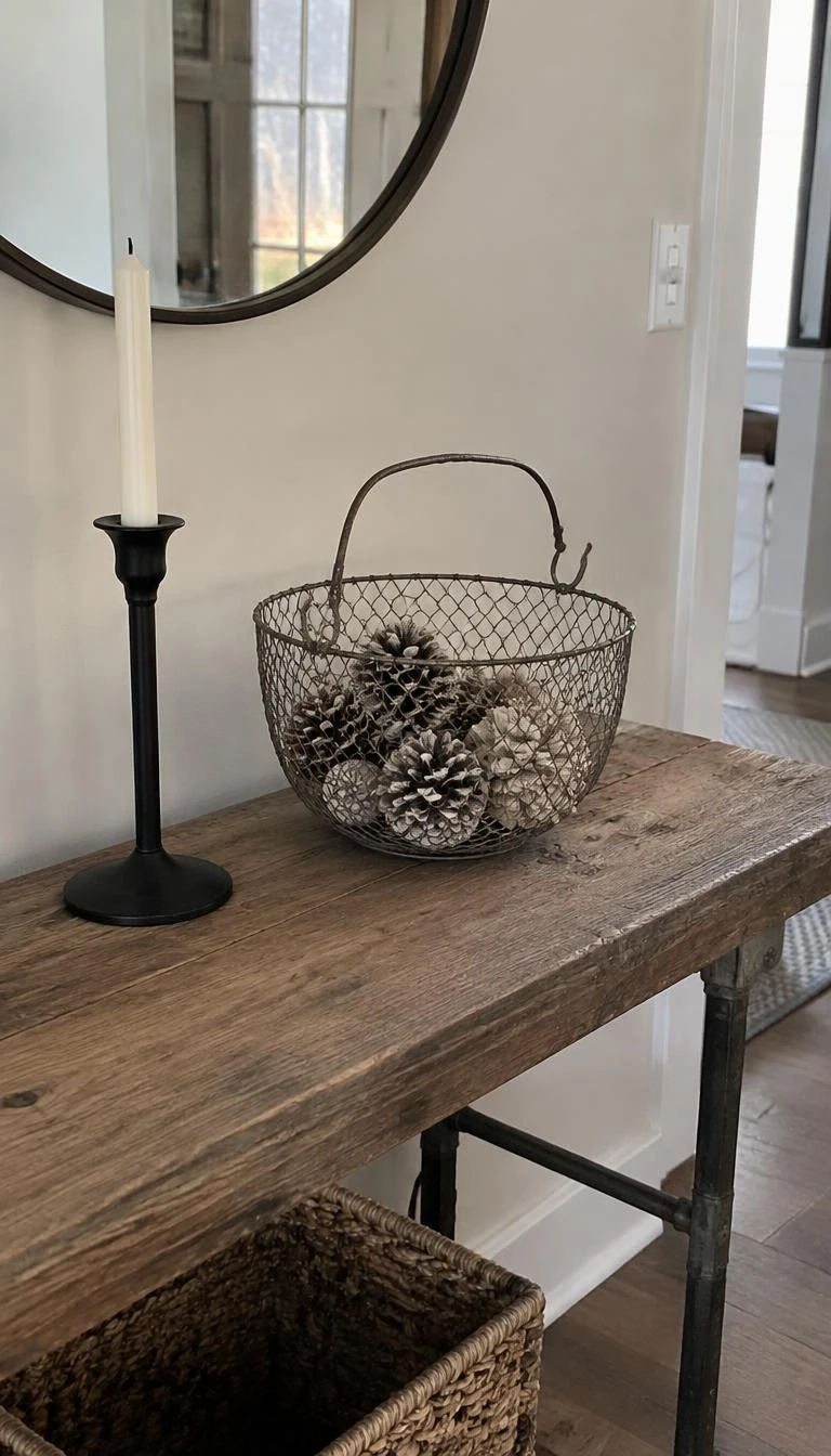 Arrange Bleached Pine Cones In A Wire Basket A candid, realistic iPhone photograph of an entryway table, showcasing an antique woven wire egg basket filled with pale bleached pine cones, positioned on an industrial wood console next to a simple black iron candlestick.