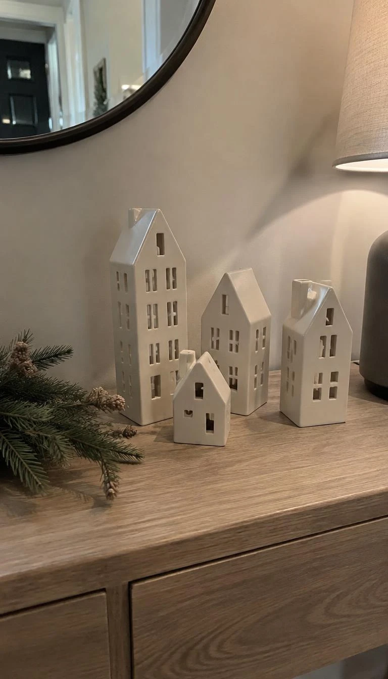 Line Up Ceramic Village Houses Without Illumination A candid, realistic iPhone photograph of an entryway table, showing four unglazed matte white porcelain houses of different heights standing quietly along a pale wood table beside a small bunch of dry pine twigs.