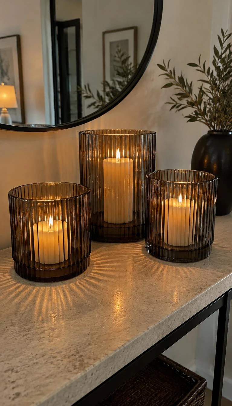 Group Ribbed Smoked Glass Hurricane Lamps A candid, realistic iPhone photograph of an entryway table, displaying three ribbed charcoal-tinted glass hurricane lanterns holding pillar candles, casting amber reflections across a light travertine tabletop.