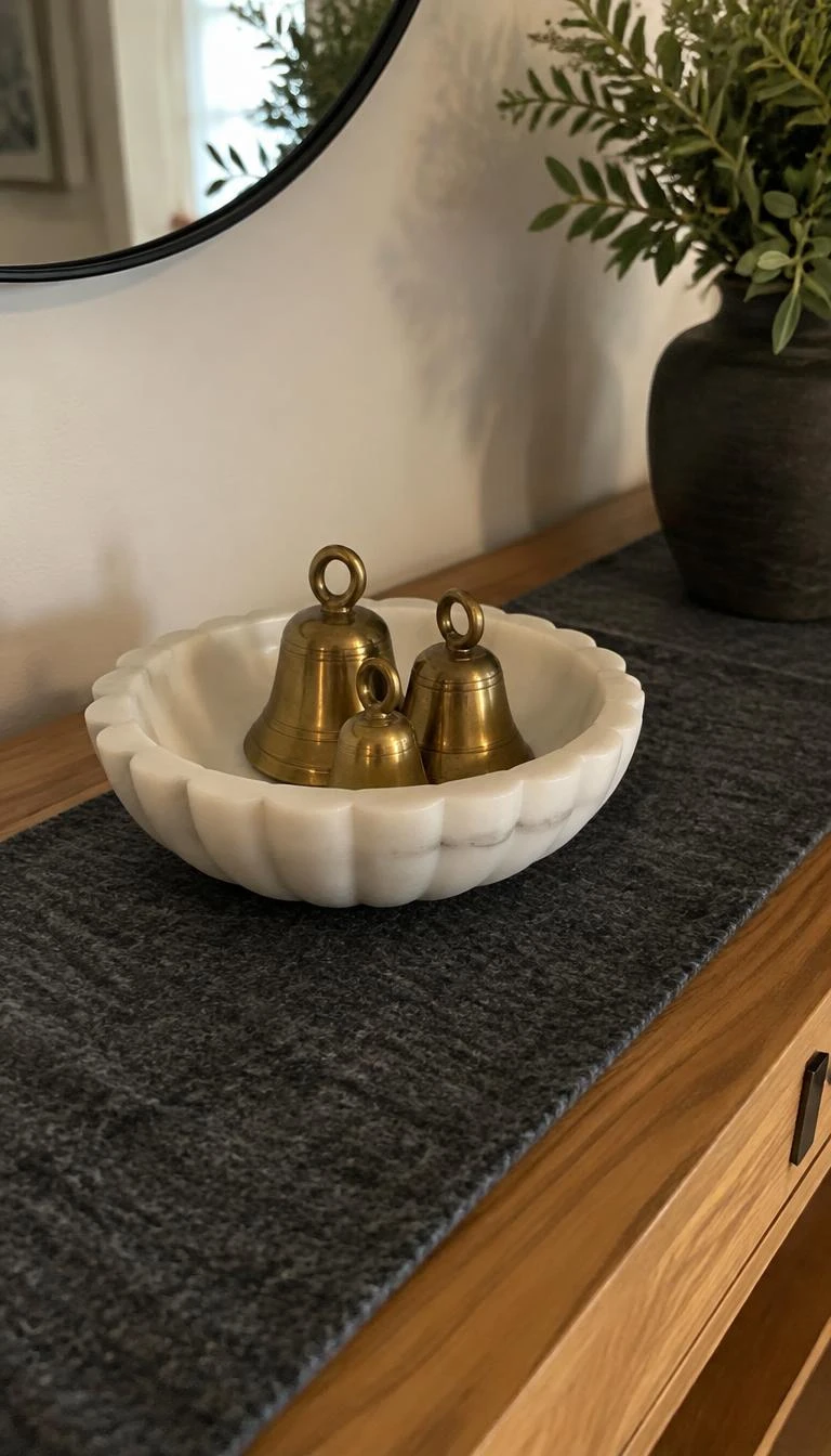 Rest A Heavy Marble Bowl Over Warm Wool Felt A candid, realistic iPhone photograph of an entryway table, showing a thick white marble fluted bowl resting on a soft charcoal wool felt runner, holding three polished brass bells on a honey oak console table.
