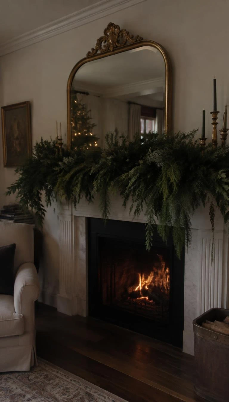 A candid, realistic iPhone photograph of a living room's fireplace, featuring a vintage gold leaf mirror leaning on the mantel behind dense Douglas fir branches, soft reflections of tree lights, moody winter afternoon light