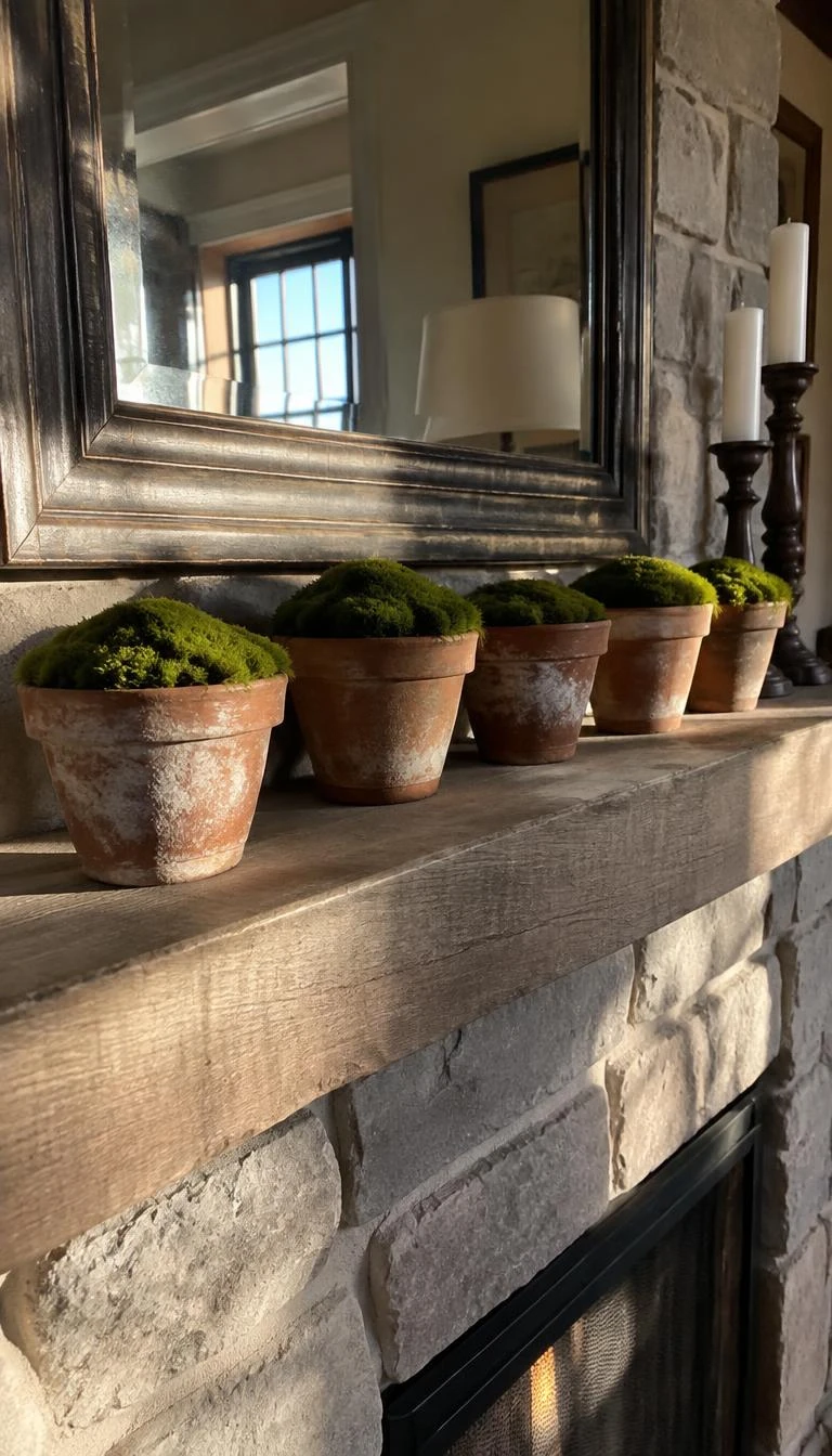 A candid, realistic iPhone photograph of a living room's fireplace ledge, lined with five aged terracotta pots filled with vibrant green cushion moss, morning winter sunlight streaming across stone, earthy textured home interior