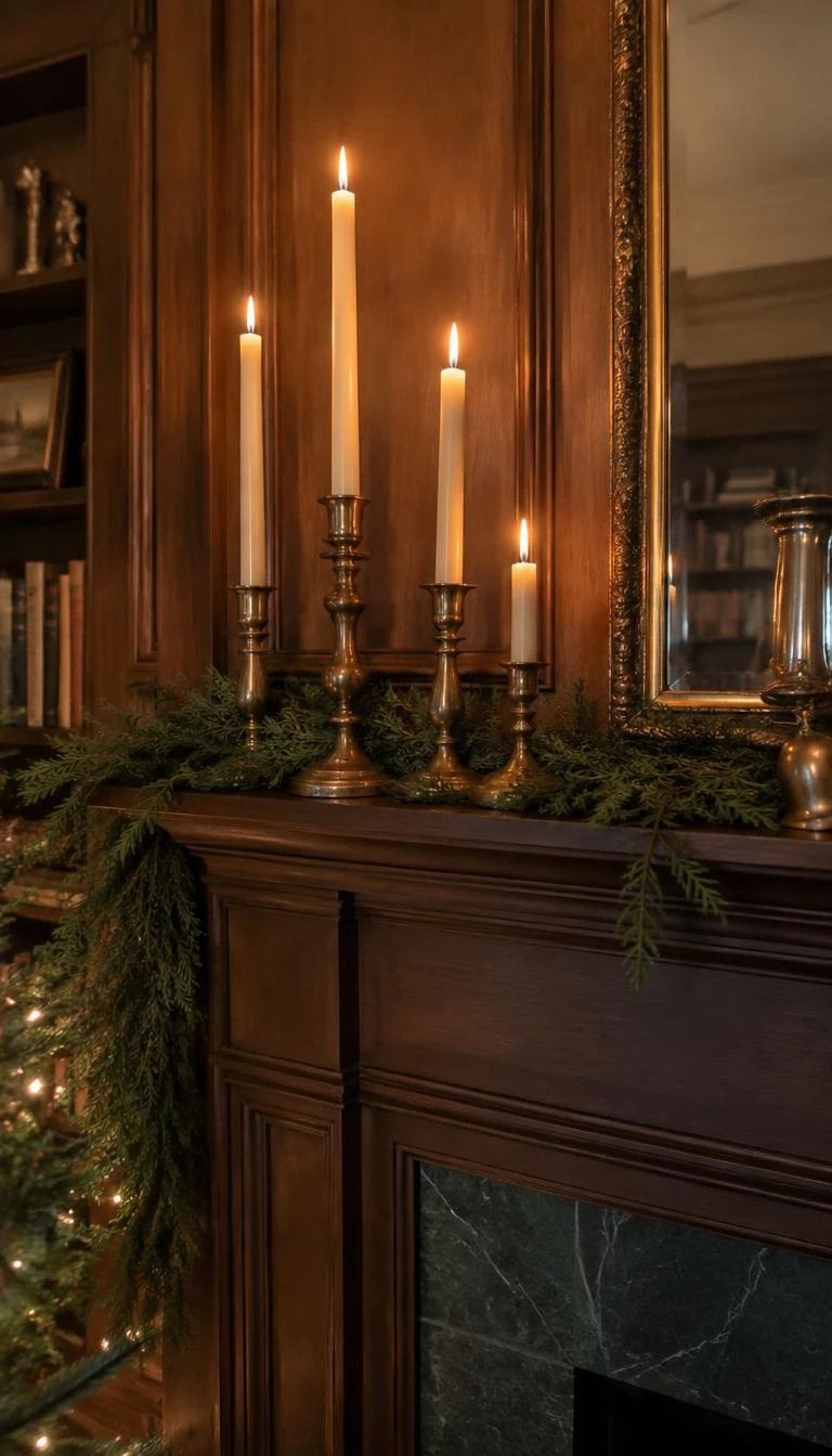 A candid, realistic iPhone photograph of a living room's fireplace mantel, showing a cluster of antique brass candleholders with cream tapers of different heights, soft glowing flames, warm wood paneling, peaceful holiday evening