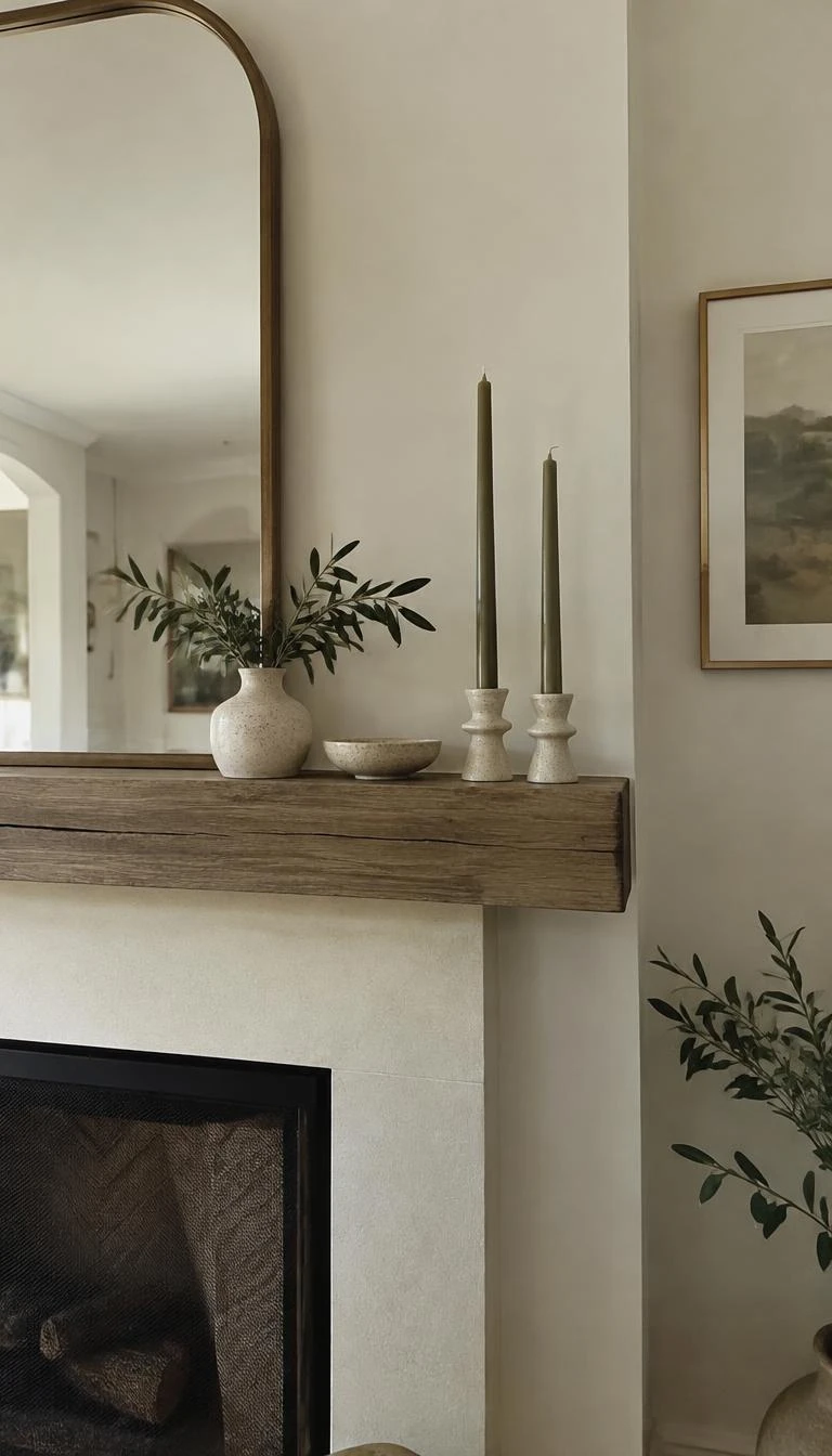 A candid, realistic iPhone photograph of a living room's fireplace mantel, featuring handmade speckled ceramic taper holders with tall olive green candles, soft morning light, minimalist organic hearth setting