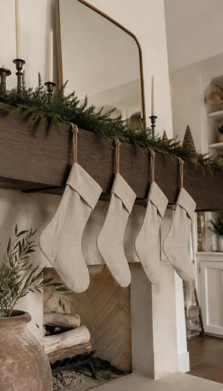 A candid, realistic iPhone photograph of a living room's fireplace, showing washed natural flax linen stockings tied with rough jute rope to a dark wood mantel, neutral understated holiday decor
