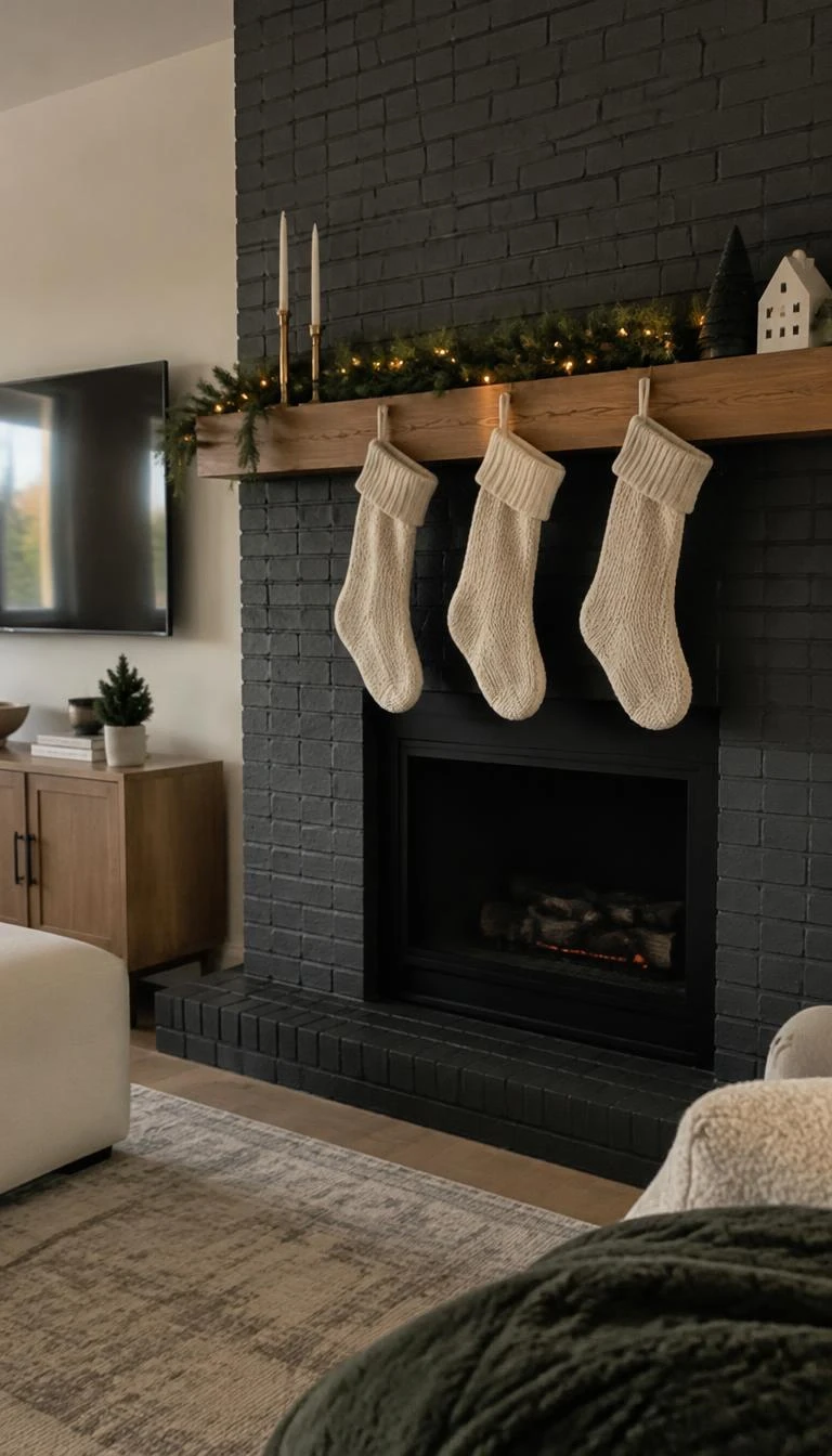 A candid, realistic iPhone photograph of a living room's fireplace, showing three chunky cream knit stockings hanging flat against dark gray brick, hidden mantel hooks, soft natural window light, subtle holiday warmth