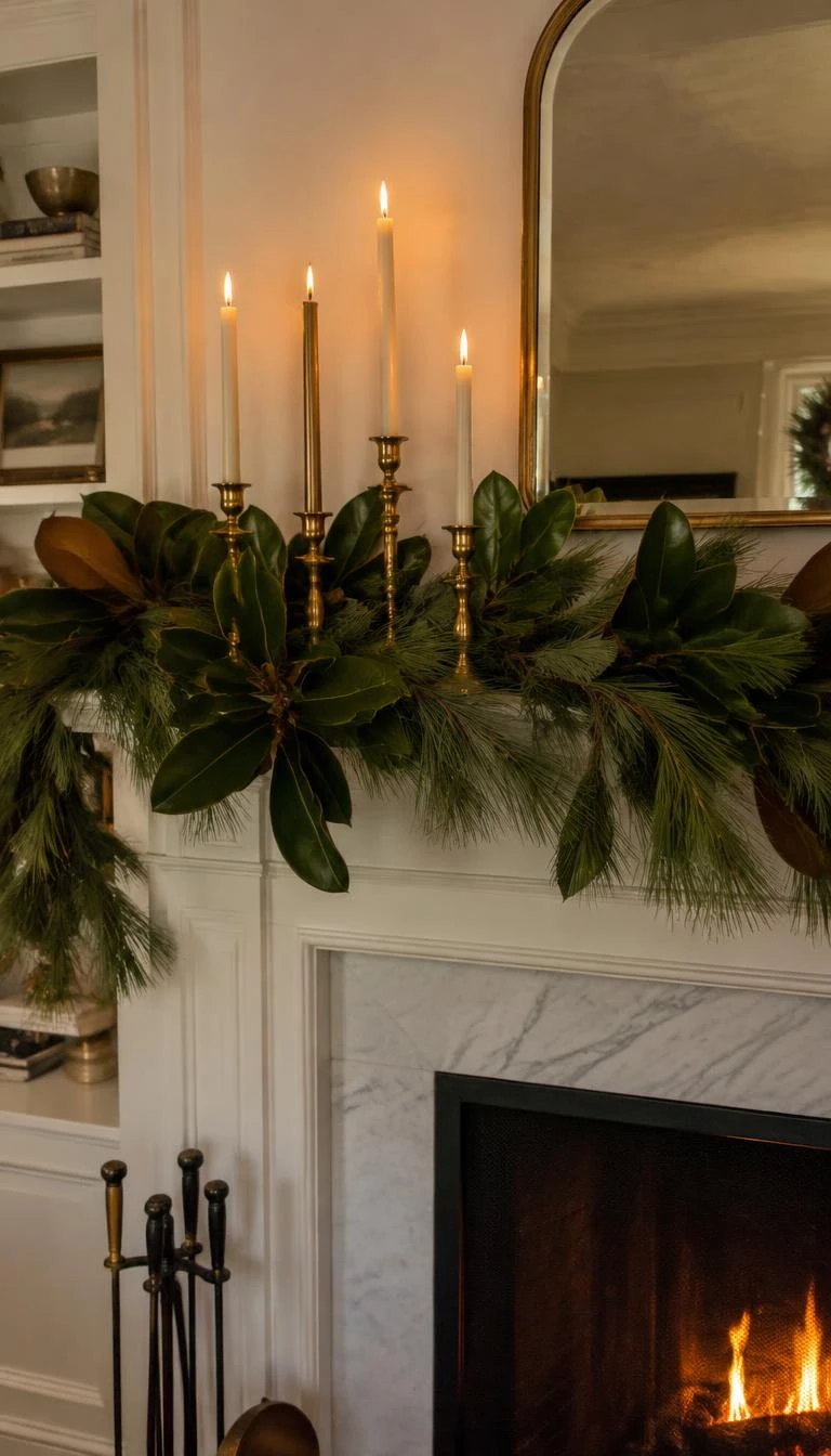 A candid, realistic iPhone photograph of a living room's fireplace mantel, layered with broad glossy magnolia leaves and long needle white pine branches, warm ambient room light, rich winter greenery styling