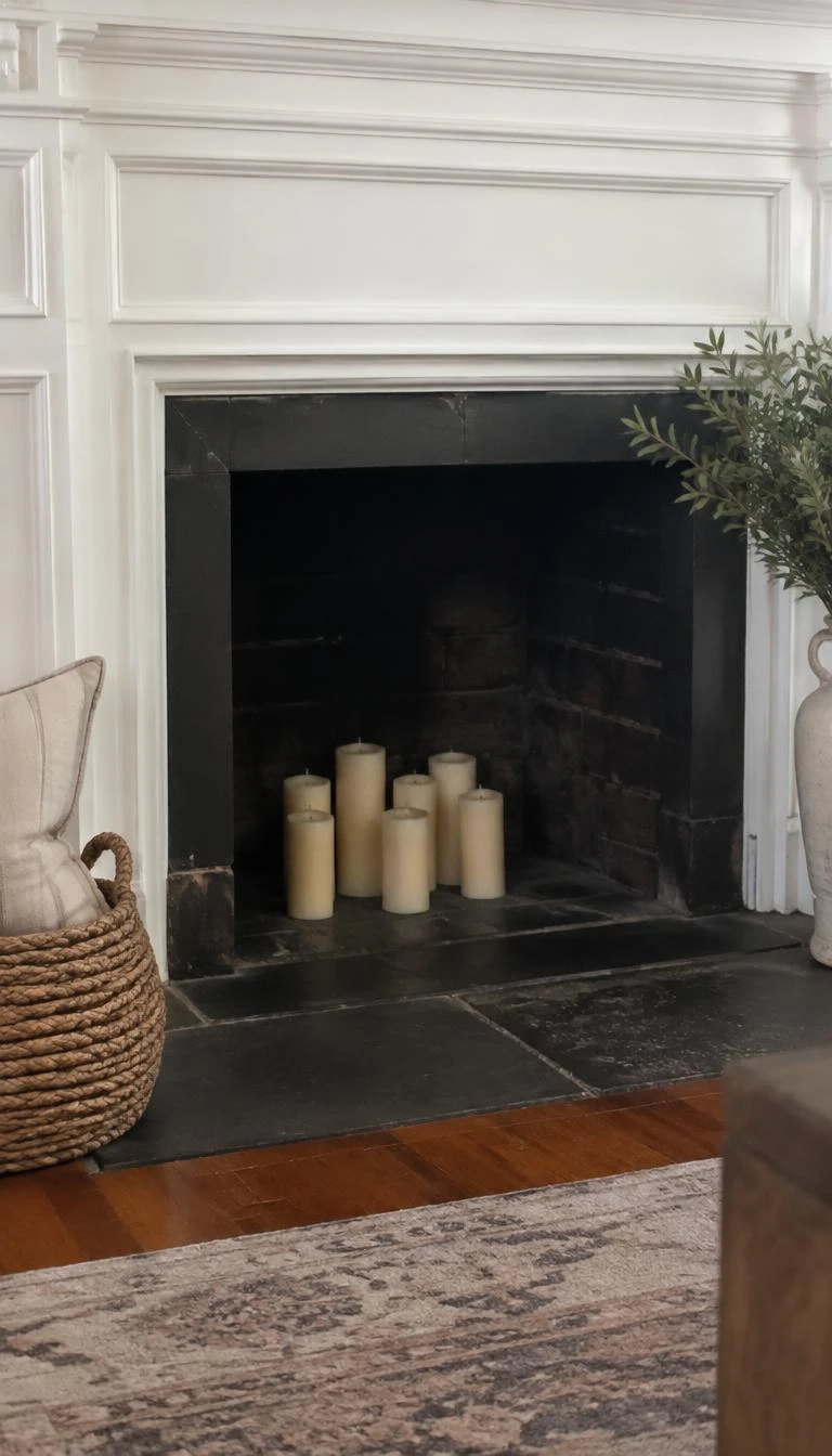 A candid, realistic iPhone photograph of a living room's fireplace hearth, featuring an unlit firebox filled with seven thick beeswax pillar candles of staggered heights on slate tile, soft glowing afternoon light, muted textures