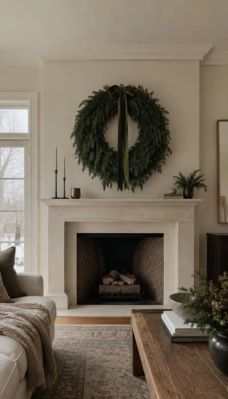 A candid, realistic iPhone photograph of a living room's fireplace, featuring an oversized thirty inch cedar wreath suspended by a moss green velvet ribbon above a limestone mantel, soft diffused daylight, quiet winter charm