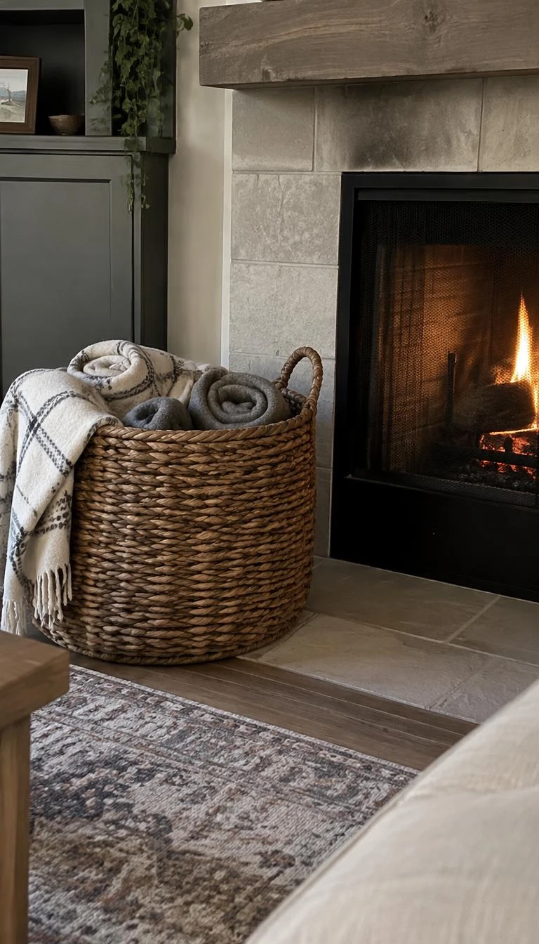A candid, realistic iPhone photograph of a living room's fireplace hearth floor, showing a large woven ash splint basket filled with rolled gray and cream wool blankets beside the firebox, cozy winter living room