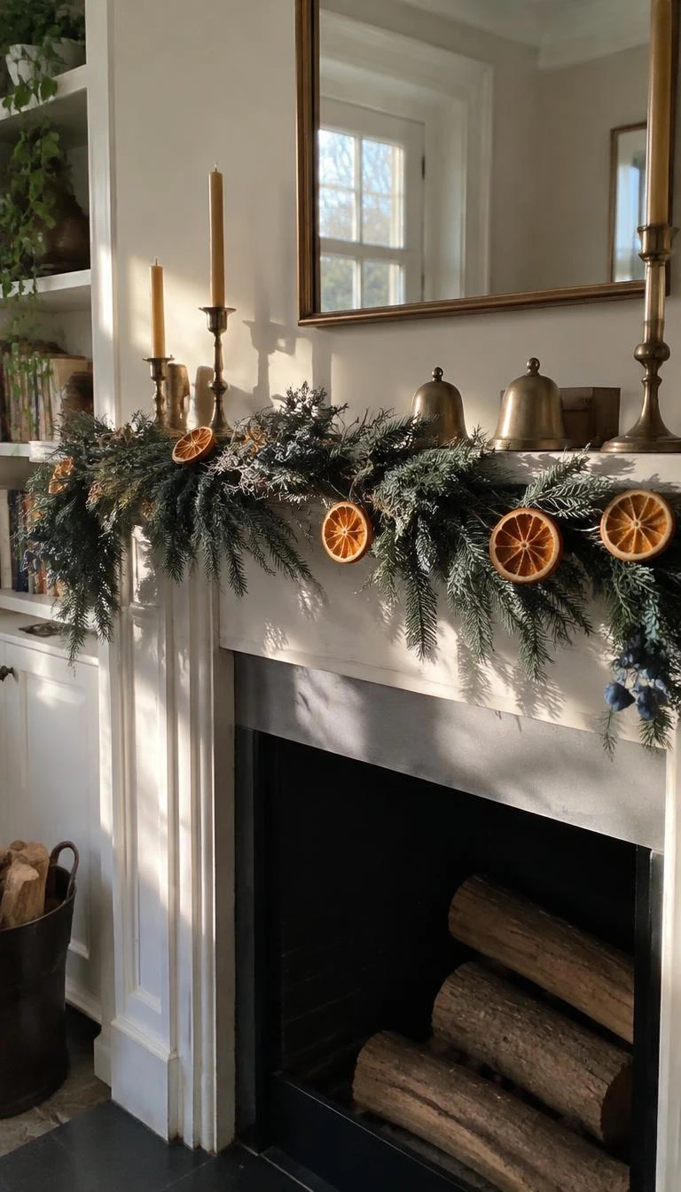 A candid, realistic iPhone photograph of a living room's fireplace, featuring dried orange rounds woven into blue juniper branches on a white mantel, sunlight catching translucent fruit slices, organic winter holiday styling