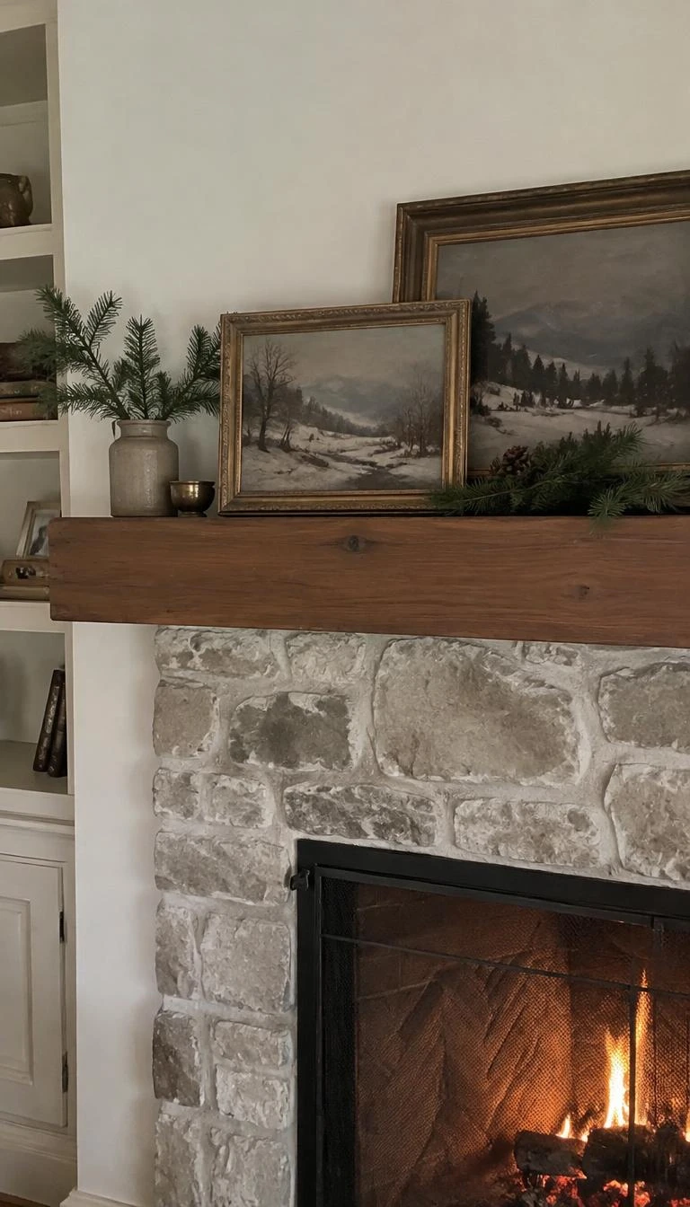 A candid, realistic iPhone photograph of a living room's fireplace, showing two small vintage winter landscape oil paintings resting on a wooden mantel among pine sprigs, muted earthy colors, soft cozy daylight