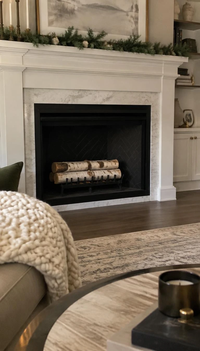 A candid, realistic iPhone photograph of a living room's fireplace, showing white paper birch logs neatly stacked inside a clean black firebox, iron grate, cozy winter room, authentic residential interior