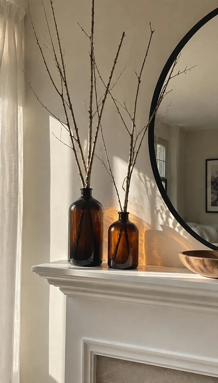 A candid, realistic iPhone photograph of a living room's fireplace mantel, showing two amber glass bottles holding tall leafless birch twigs, sunlight shining through warm brown glass, minimalist winter design