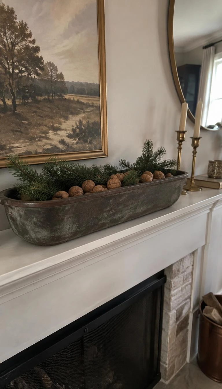 A candid, realistic iPhone photograph of a living room's fireplace mantel, featuring a weathered cast iron trough filled with in-shell walnuts and short fir sprigs, warm rustic interior styling, soft natural daylight