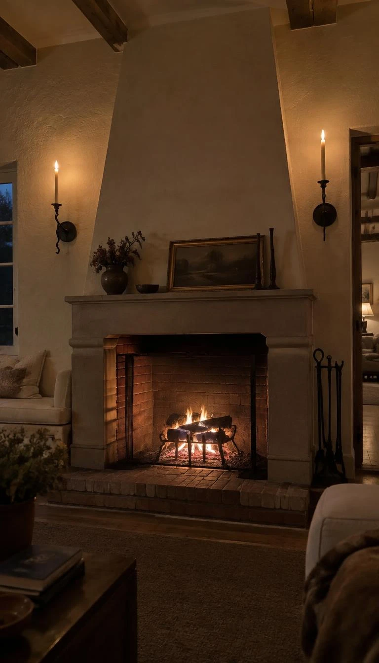 A candid, realistic iPhone photograph of a living room's fireplace, showing blackened iron wall sconces holding lit tapers on either side of the chimney breast, textured plaster walls, warm atmospheric lighting