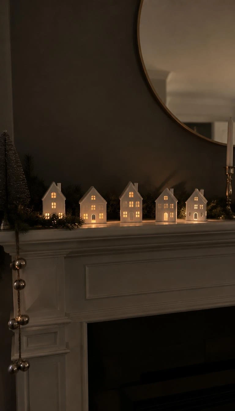 A candid, realistic iPhone photograph of a living room's fireplace mantel, showing five small white ceramic houses with warm tea lights glowing through tiny cut windows, dark wall background, peaceful holiday mood