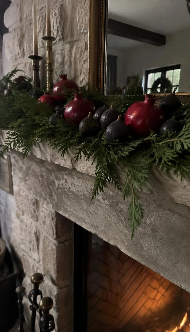 A candid, realistic iPhone photograph of a living room's fireplace, showing deep crimson fresh pomegranates and black mission figs resting in cedar branches on a stone mantel, moody fine art holiday feel