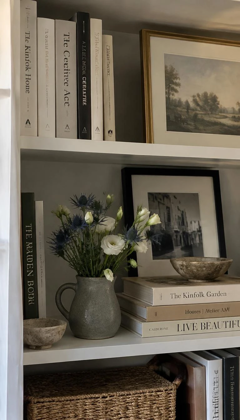 A candid, realistic iPhone photograph of a home office bookshelf, featuring a small grey matte ceramic jug filled with spiky blue sea holly thistles and soft ivory lisianthus, books and framed art nearby, calm afternoon lighting.