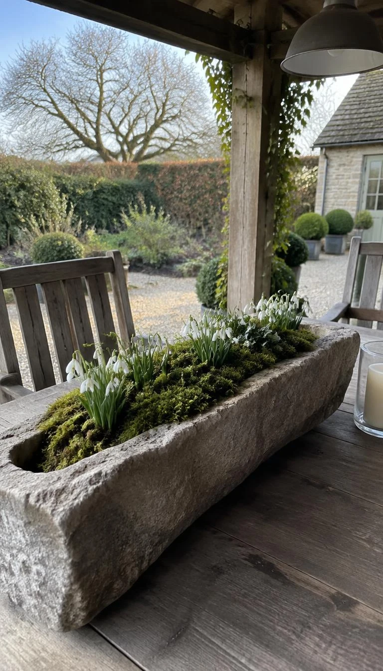 A candid, realistic iPhone photograph of an outdoor covered patio table, showing a long carved stone trough planted with delicate white snowdrops and green moss, weathered wood surfaces, crisp winter air, authentic natural garden scene.