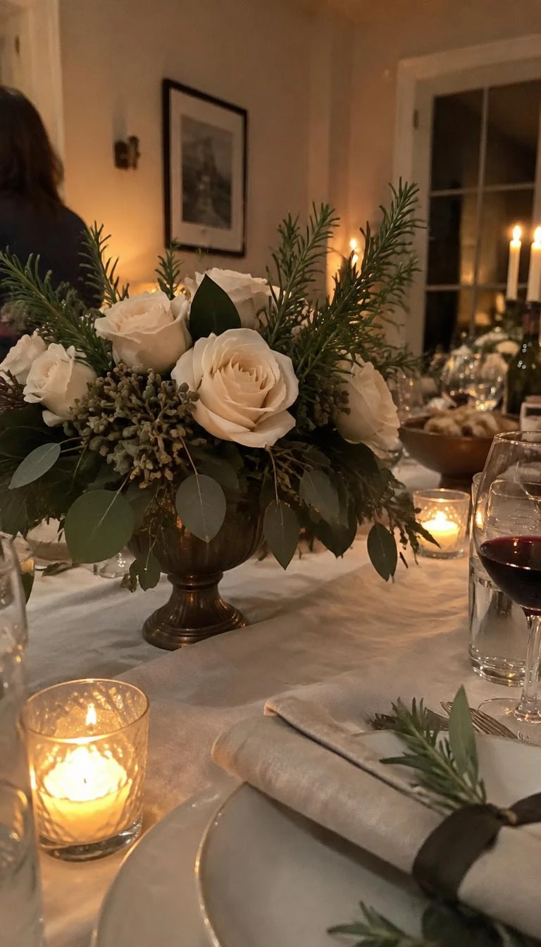 A candid, realistic iPhone photograph of a holiday dinner table, featuring a low footed compote bowl filled with cream garden roses, seeded eucalyptus, and upright rosemary sprigs, linen napkins nearby, warm ambient candlelight, relaxed atmosphere.