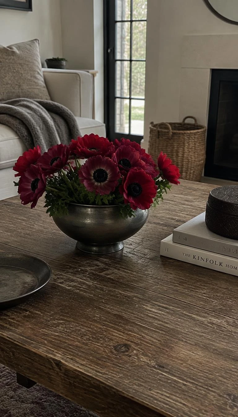 A candid, realistic iPhone photograph of a low oak coffee table in a cozy living room, showing a round vintage pewter bowl filled with crimson anemones with black centers, wool throw blanket nearby, muted daylight, casual and authentic composition.