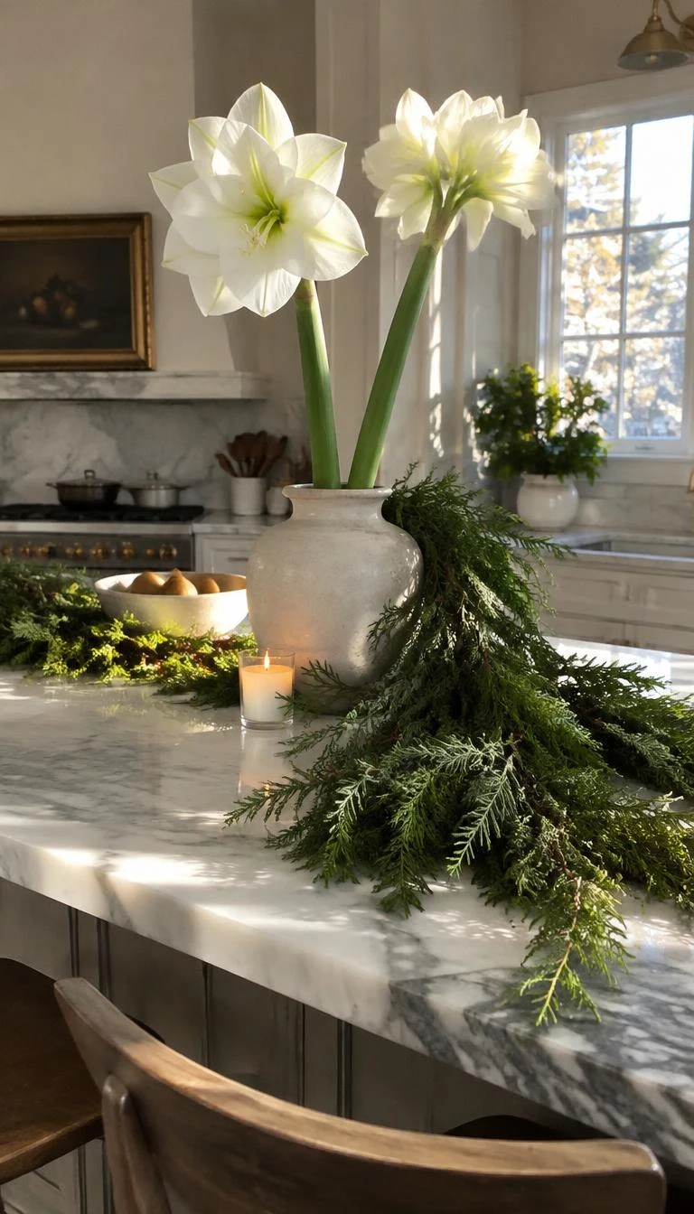 A candid, realistic iPhone photograph of a sunlit kitchen island, featuring a heavy off white ceramic vase with two tall white amaryllis stems, fragrant cedar boughs spilling over the counter, soft winter daylight through an adjacent window, raw marble surfaces, unedited look.