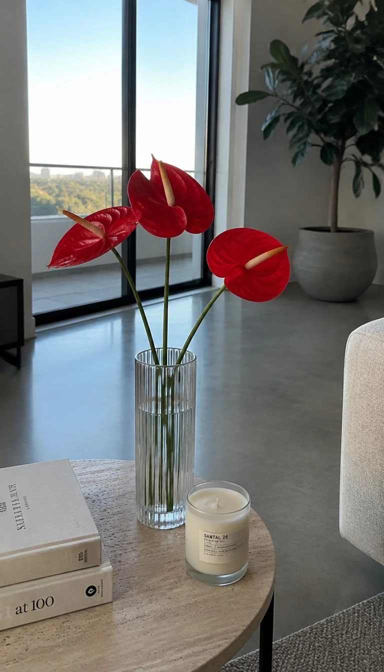 A candid, realistic iPhone photograph of a contemporary living room side table, showing three glossy red anthurium stems in a tall ribbed clear glass vase, concrete floor, soft daylight from balcony doors, minimal graphic style.