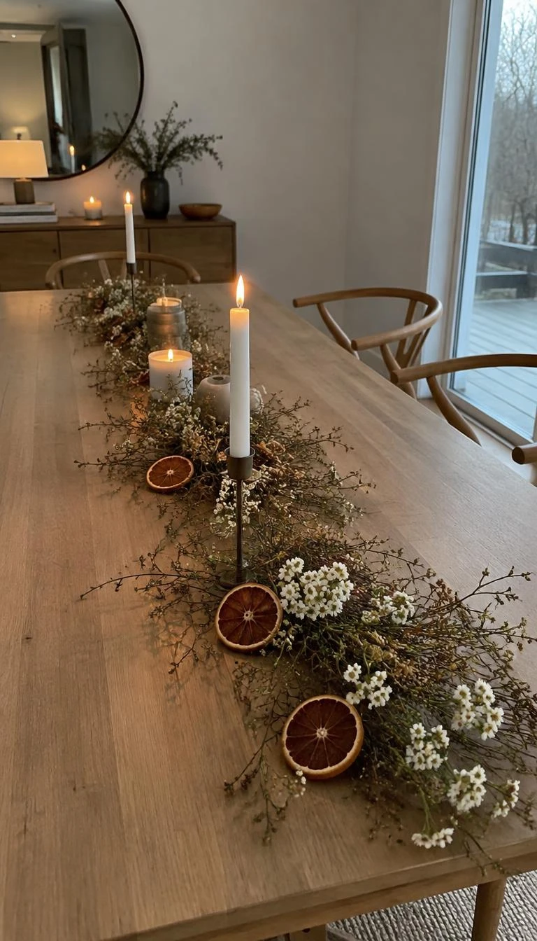 A candid, realistic iPhone photograph of an open wooden dining table, showing a relaxed horizontal runner of dried spirea twigs, dried blood orange wheels, and white waxflowers, soft natural illumination, Scandinavian holiday look.
