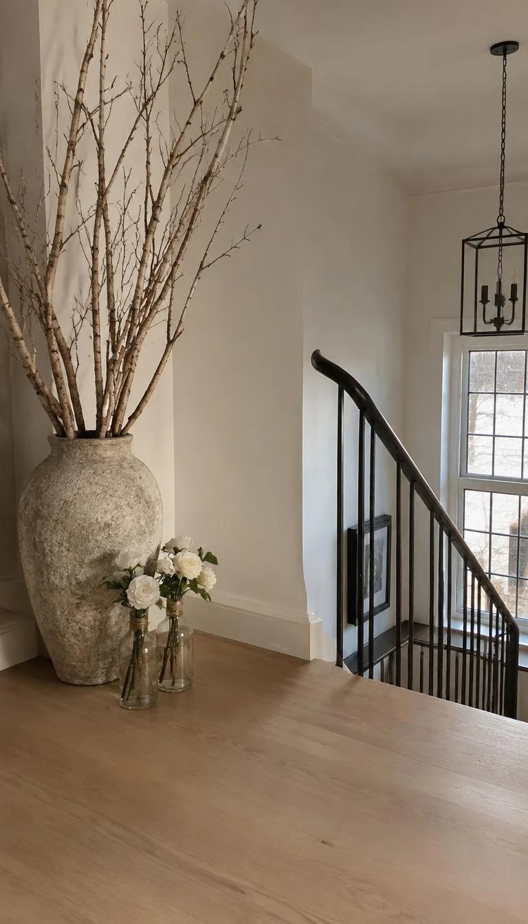 A candid, realistic iPhone photograph of an open stair landing, showing a large stone floor vase filled with tall bare white birch branches, tiny glass vials with white hellebores tied with linen string, soft natural illumination.