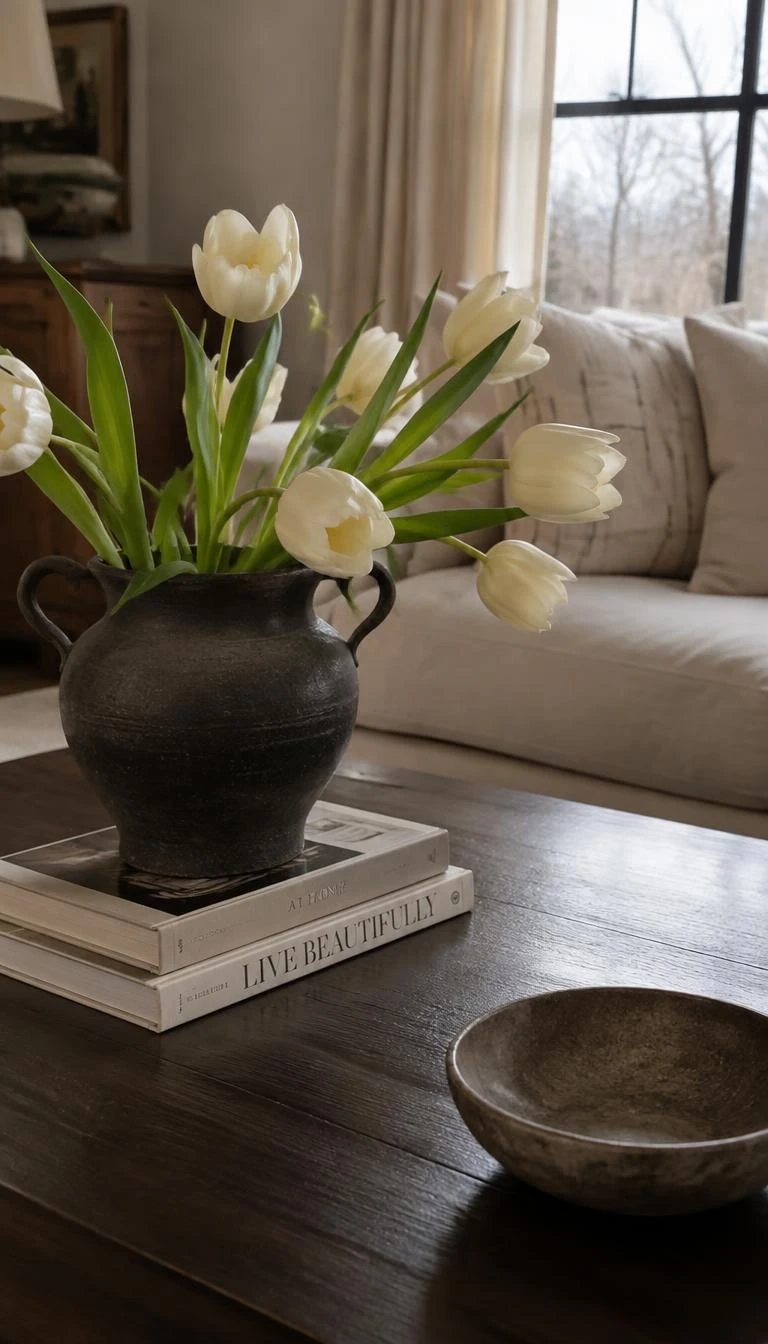 A candid, realistic iPhone photograph of a dark wood coffee table, featuring a weathered black cast iron urn filled with ivory French tulips leaning casually, overcast window light, linen sofa nearby, authentic everyday living room.