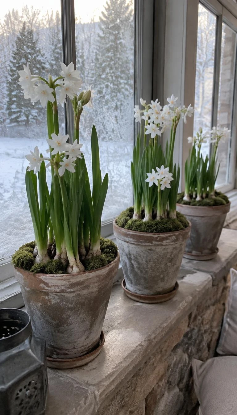 A candid, realistic iPhone photograph of a stone windowsill in a sunroom, displaying three weathered grey terracotta pots filled with blooming white paperwhites, green moss tucked around the bulbs, winter frost on the window glass, real unposed scene.