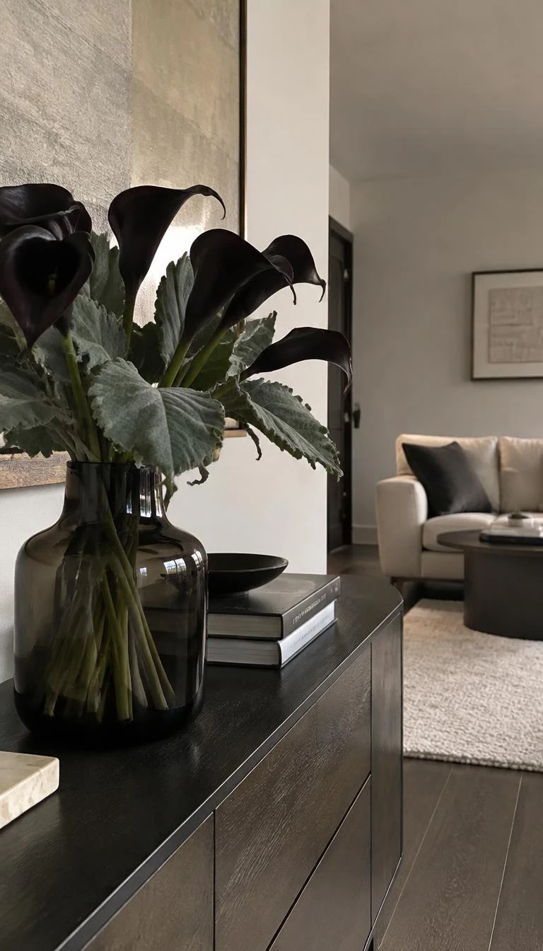A candid, realistic iPhone photograph of an apartment living room sideboard, holding a smoked glass vase with near black calla lilies and velvet dusty miller leaves, neutral wool rug in background, soft indirect light, understated design.