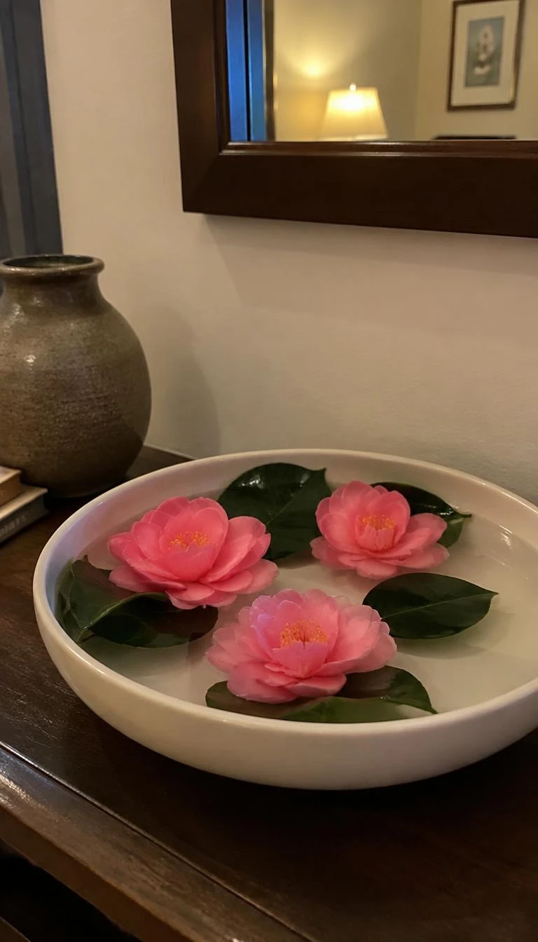 A candid, realistic iPhone photograph of a low entryway table, showing a shallow white matte ceramic dish filled with clear water, three open pink camellia blooms floating on top with dark glossy leaves, warm interior lighting, peaceful aesthetic.