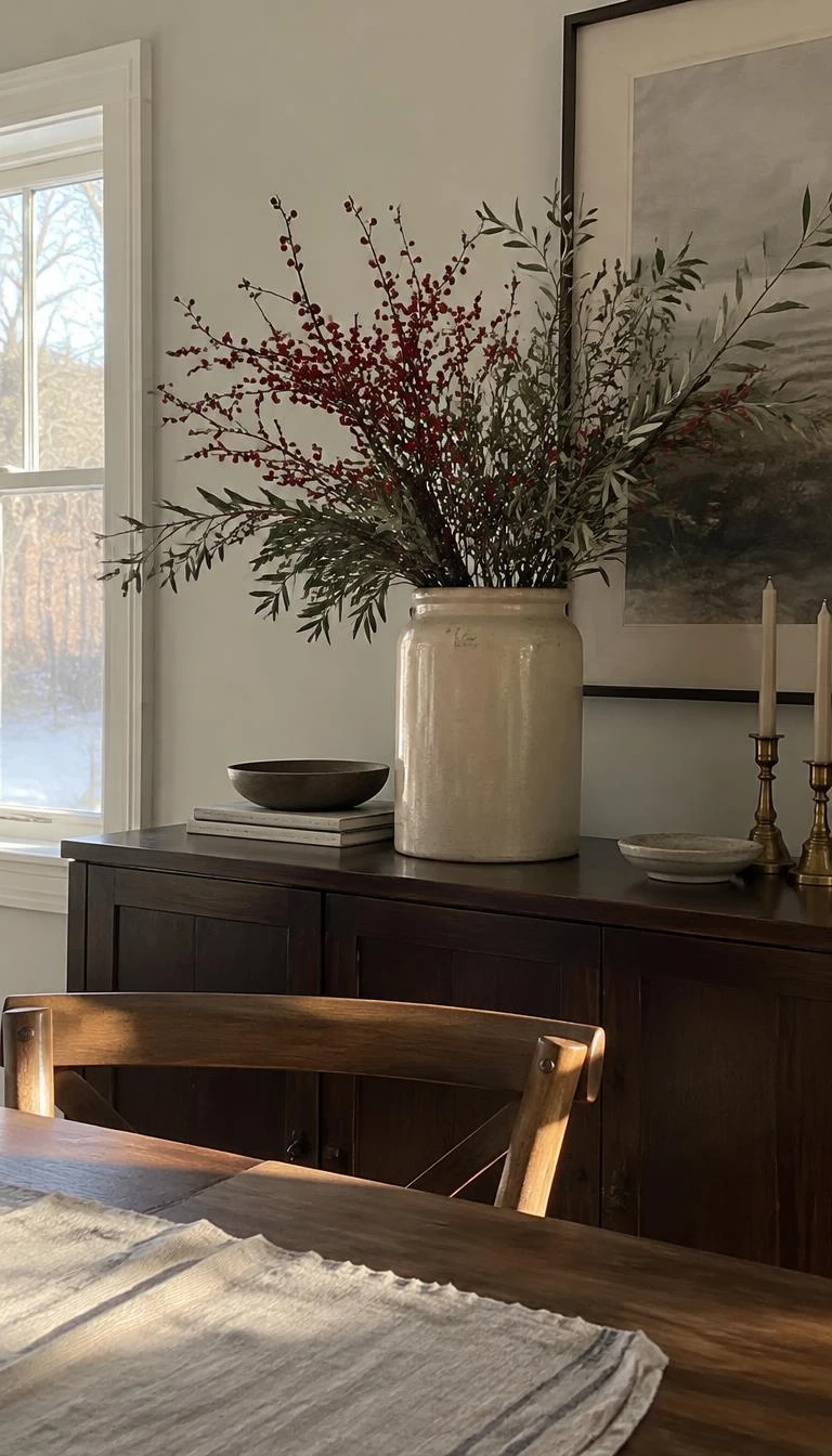 A candid, realistic iPhone photograph of a dining room credenza, holding a tall sand colored stoneware crock filled with wild red winterberry branches and silver olive branches, linen runner on the table, crisp winter morning light, unstaged.