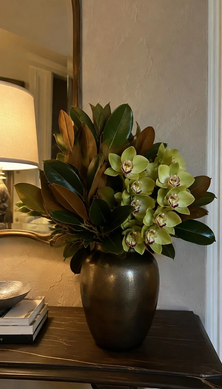 A candid, realistic iPhone photograph of an entryway console table, displaying a dark bronze vase filled with glossy magnolia branches showing brown suede undersides and pale green cymbidium orchid blooms, textured wall, warm light.