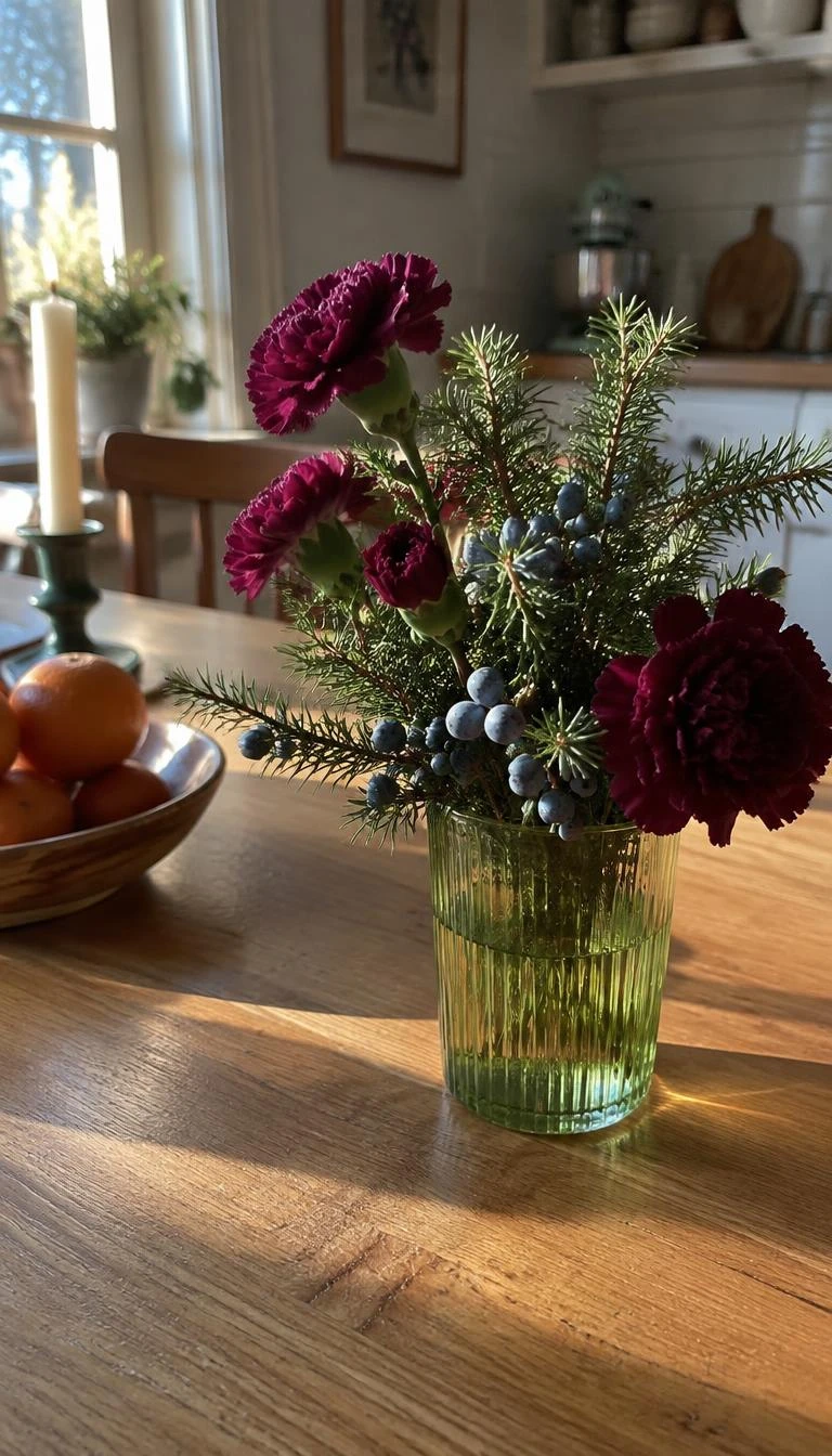 A candid, realistic iPhone photograph of a wooden kitchen table, displaying a fluted green glass tumbler holding burgundy carnations and prickly juniper branches with blue berries, filtered afternoon sunlight, honest domestic setting, candid feel.