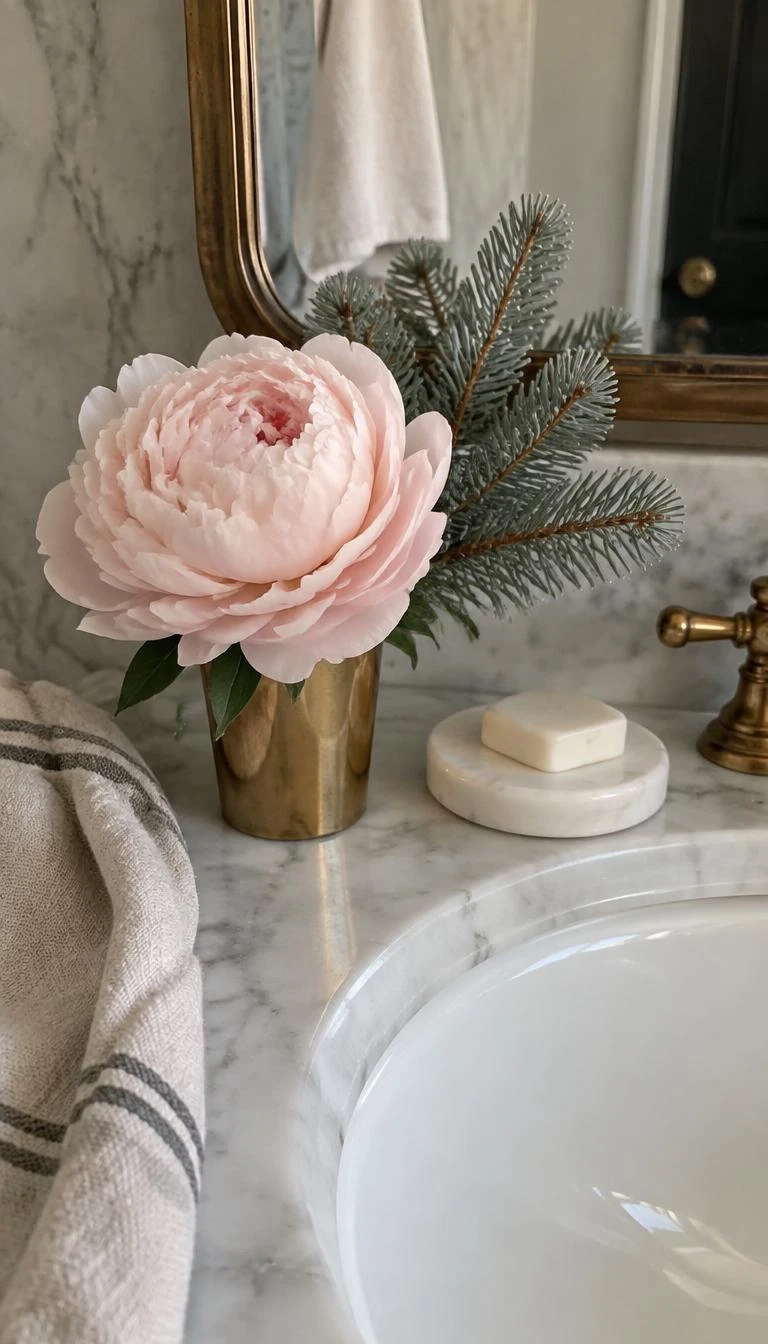 A candid, realistic iPhone photograph of a marble bathroom vanity, showing a single large blush peony resting in a brass cup beside silvery blue spruce sprigs, soft morning light, soap dish and linen towel in view, intimate shot.